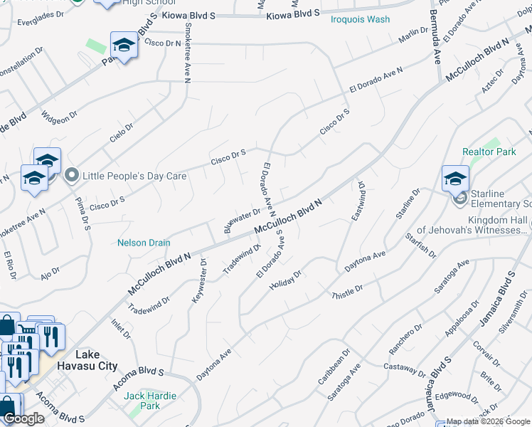 map of restaurants, bars, coffee shops, grocery stores, and more near 2725 McCulloch Boulevard North in Lake Havasu City