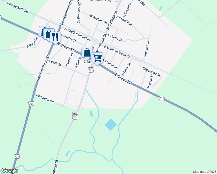 map of restaurants, bars, coffee shops, grocery stores, and more near 113 South Grove Street in Clarkton