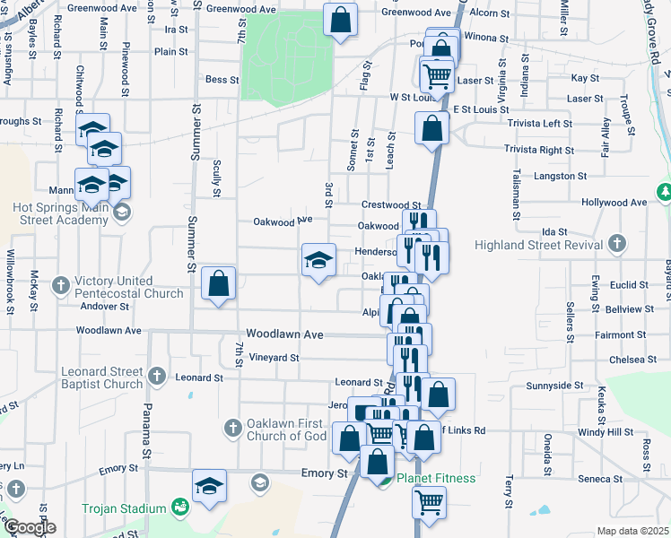 map of restaurants, bars, coffee shops, grocery stores, and more near 305 Henderson Street in Hot Springs