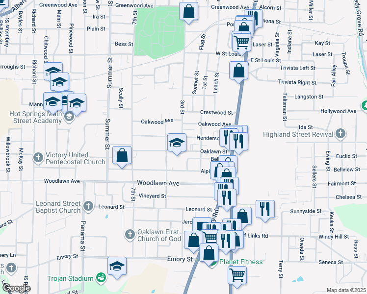 map of restaurants, bars, coffee shops, grocery stores, and more near 305 Henderson Street in Hot Springs