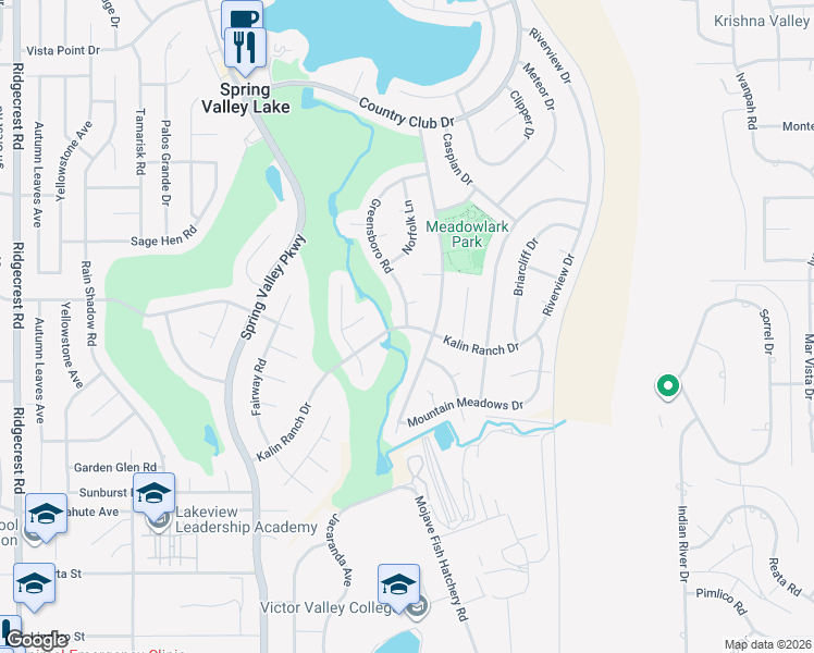 map of restaurants, bars, coffee shops, grocery stores, and more near Kalin Ranch Drive & Greensboro Road in Victorville