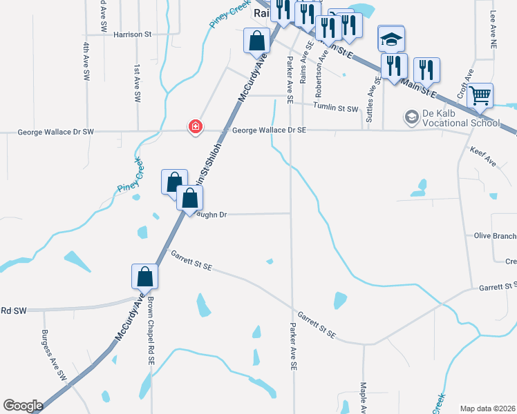 map of restaurants, bars, coffee shops, grocery stores, and more near 255 Vaughn Drive in Rainsville