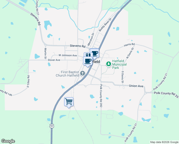 map of restaurants, bars, coffee shops, grocery stores, and more near in Hatfield