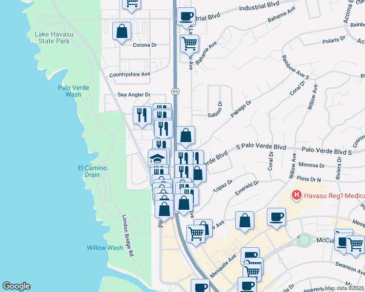 map of restaurants, bars, coffee shops, grocery stores, and more near 353 North Lake Havasu Avenue in Lake Havasu City