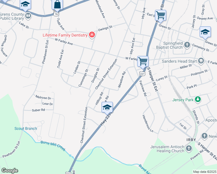 map of restaurants, bars, coffee shops, grocery stores, and more near 115 Edgewood Drive in Laurens