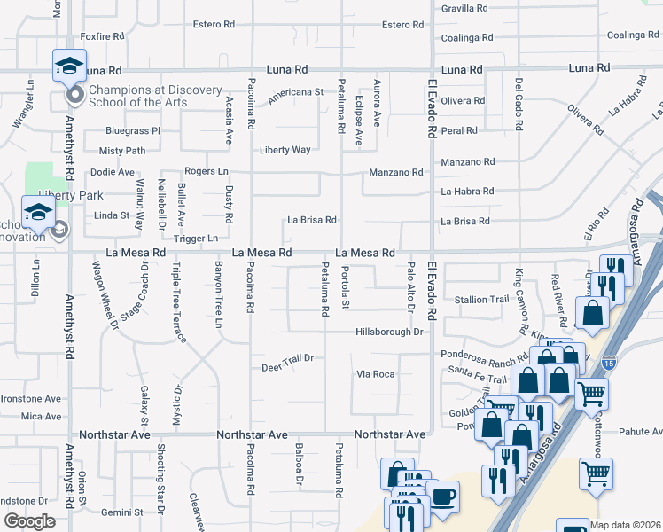 map of restaurants, bars, coffee shops, grocery stores, and more near 14304 Encanto Drive in Victorville