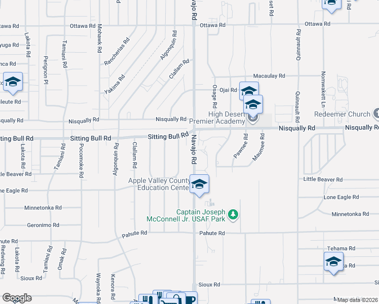 map of restaurants, bars, coffee shops, grocery stores, and more near 12842 Navajo Road in Apple Valley