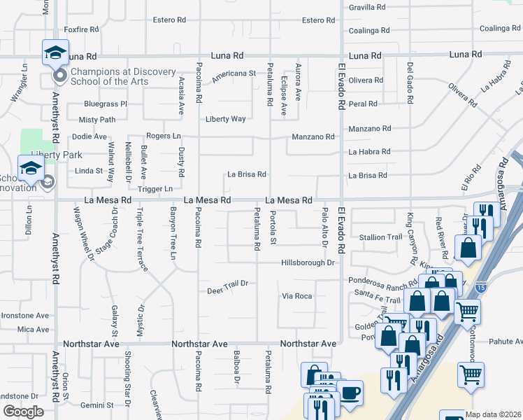 map of restaurants, bars, coffee shops, grocery stores, and more near 14304 Encanto Drive in Victorville
