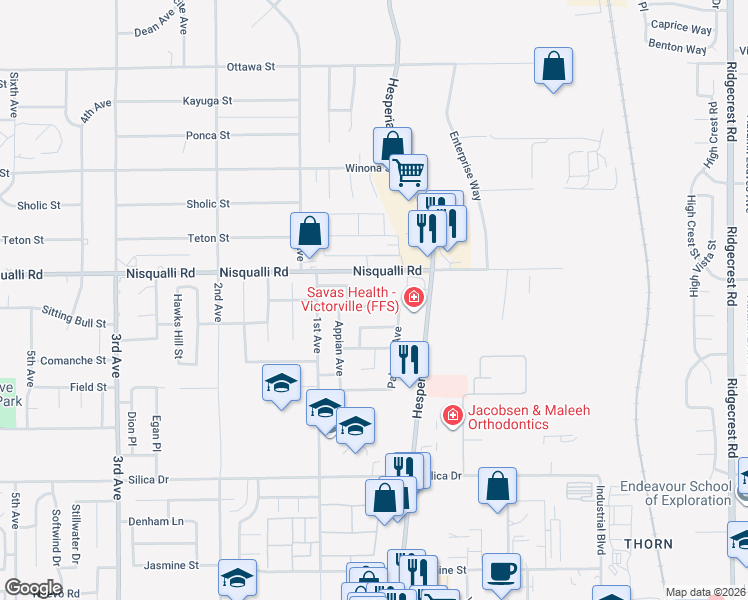 map of restaurants, bars, coffee shops, grocery stores, and more near 17012 Monaco Drive in Victorville