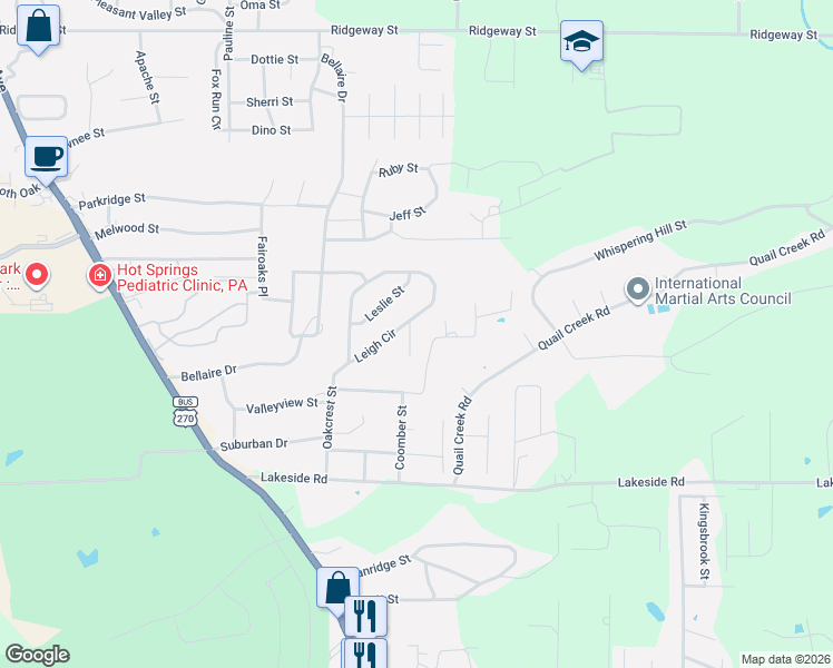 map of restaurants, bars, coffee shops, grocery stores, and more near 101 Hal Court in Hot Springs