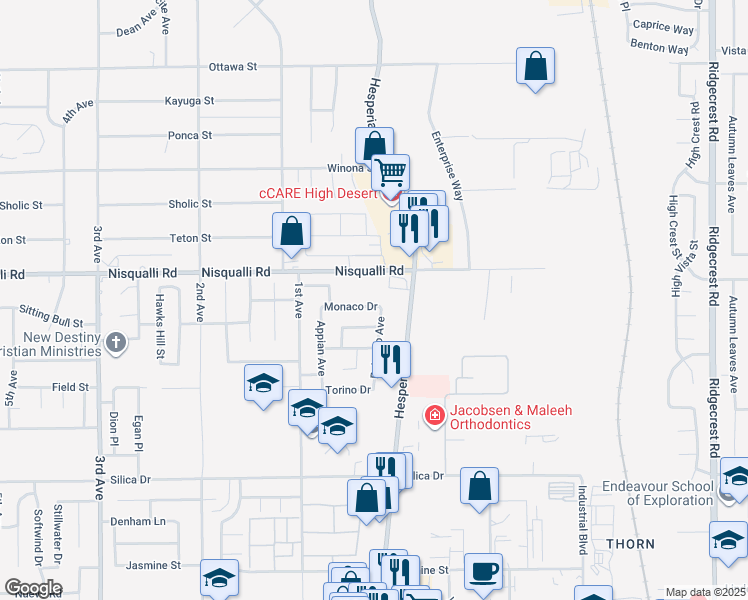 map of restaurants, bars, coffee shops, grocery stores, and more near 17048 Monaco Drive in Victorville
