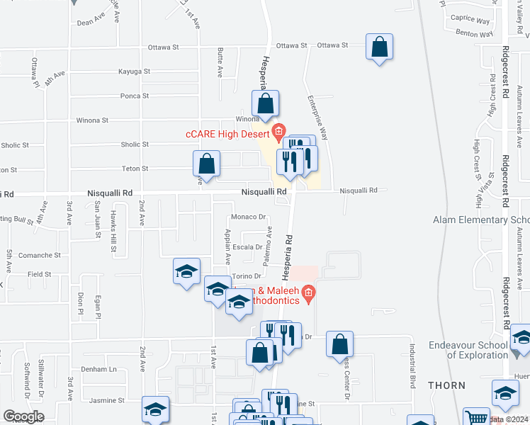 map of restaurants, bars, coffee shops, grocery stores, and more near 17048 Monaco Drive in Victorville