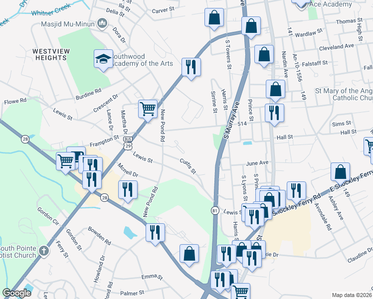 map of restaurants, bars, coffee shops, grocery stores, and more near 100 Duvall Way in Anderson