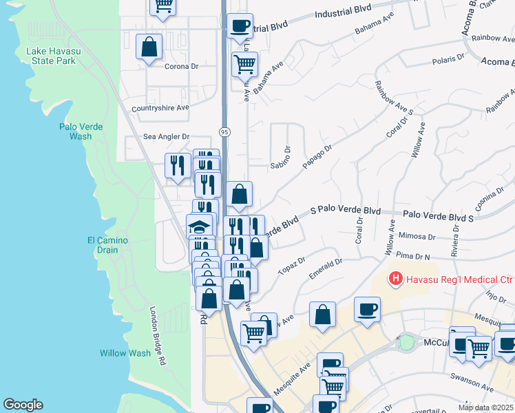 map of restaurants, bars, coffee shops, grocery stores, and more near 361 North Lake Havasu Avenue in Lake Havasu City