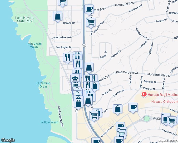 map of restaurants, bars, coffee shops, grocery stores, and more near 361 North Lake Havasu Avenue in Lake Havasu City