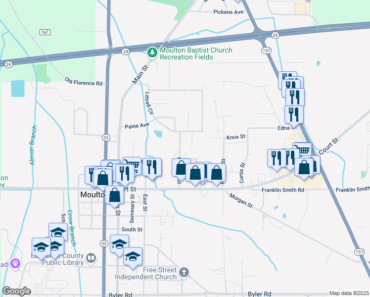 map of restaurants, bars, coffee shops, grocery stores, and more near 345 Hospital Street in Moulton