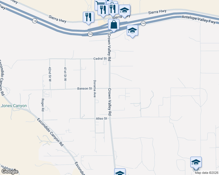 map of restaurants, bars, coffee shops, grocery stores, and more near 33025 Crown Valley Road in Acton