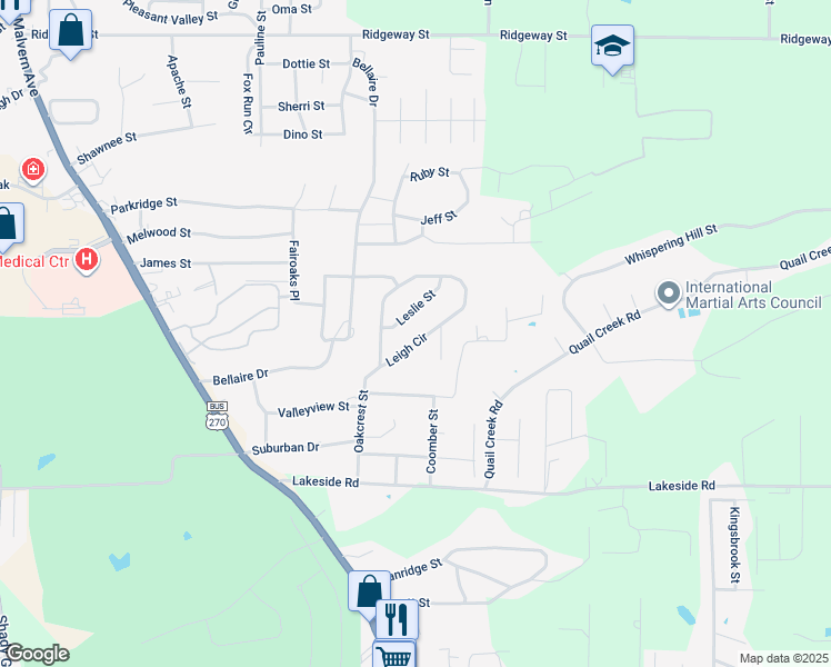 map of restaurants, bars, coffee shops, grocery stores, and more near 115 Leigh Circle in Hot Springs