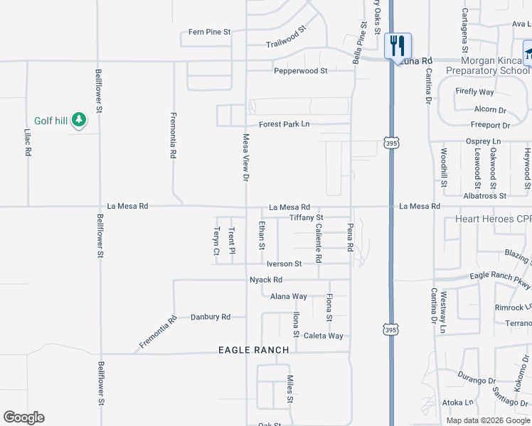 map of restaurants, bars, coffee shops, grocery stores, and more near 11754 Tiffany Street in Victorville