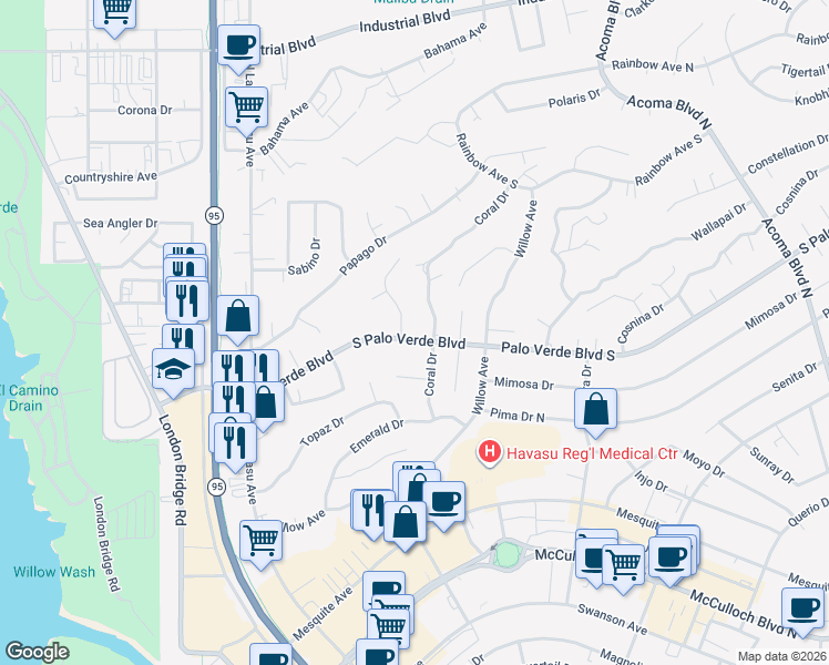 map of restaurants, bars, coffee shops, grocery stores, and more near 275 Pascaul Drive in Lake Havasu City