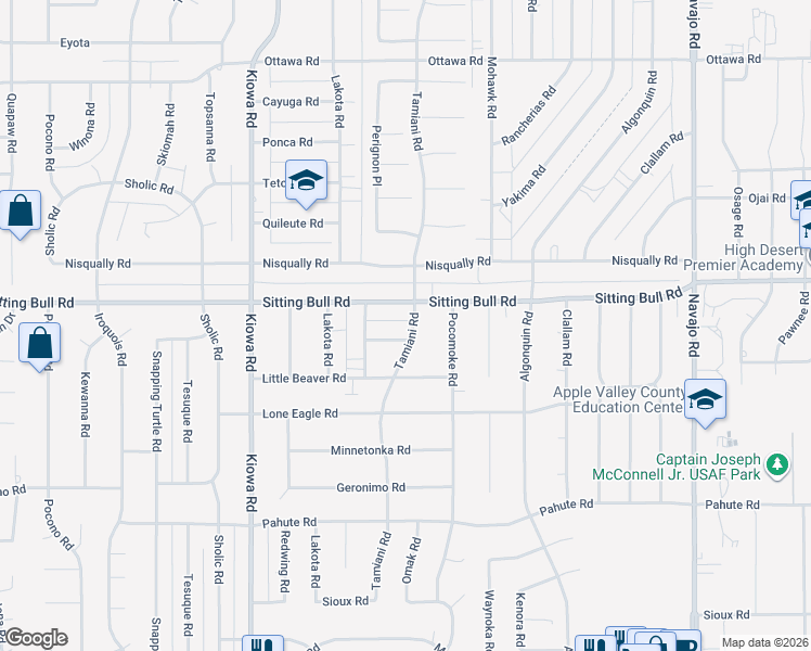 map of restaurants, bars, coffee shops, grocery stores, and more near 21217 Sitting Bull Road in Apple Valley