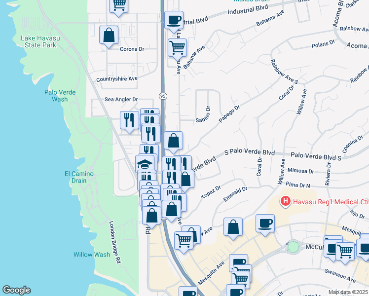 map of restaurants, bars, coffee shops, grocery stores, and more near 361 North Lake Havasu Avenue in Lake Havasu City