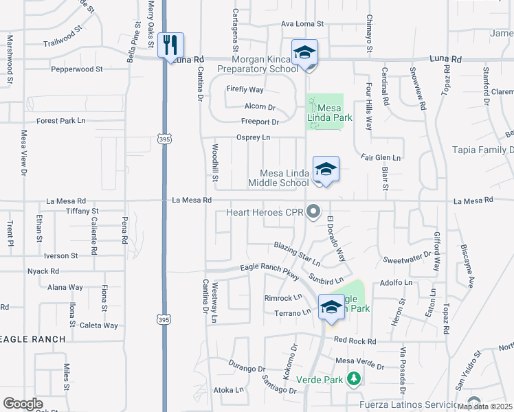 map of restaurants, bars, coffee shops, grocery stores, and more near 12891 Pueblo Lane in Victorville