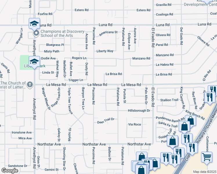 map of restaurants, bars, coffee shops, grocery stores, and more near 14200 La Mirada Street in Victorville
