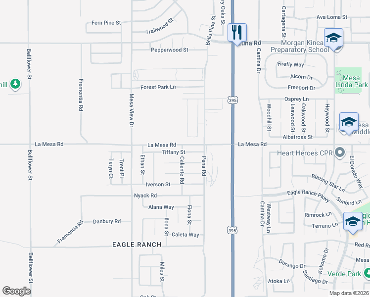 map of restaurants, bars, coffee shops, grocery stores, and more near 11926 Tiffany Street in Victorville