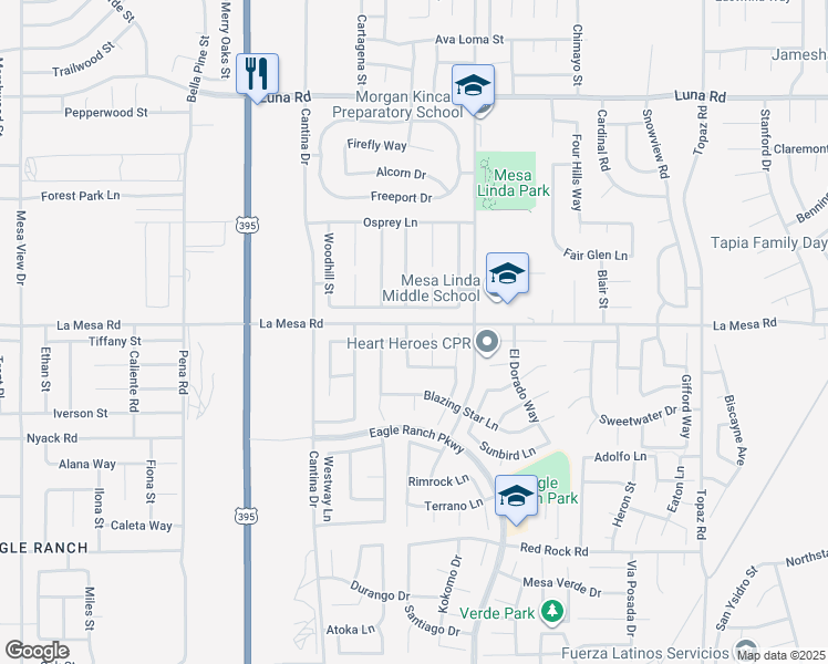 map of restaurants, bars, coffee shops, grocery stores, and more near 12891 Pueblo Lane in Victorville