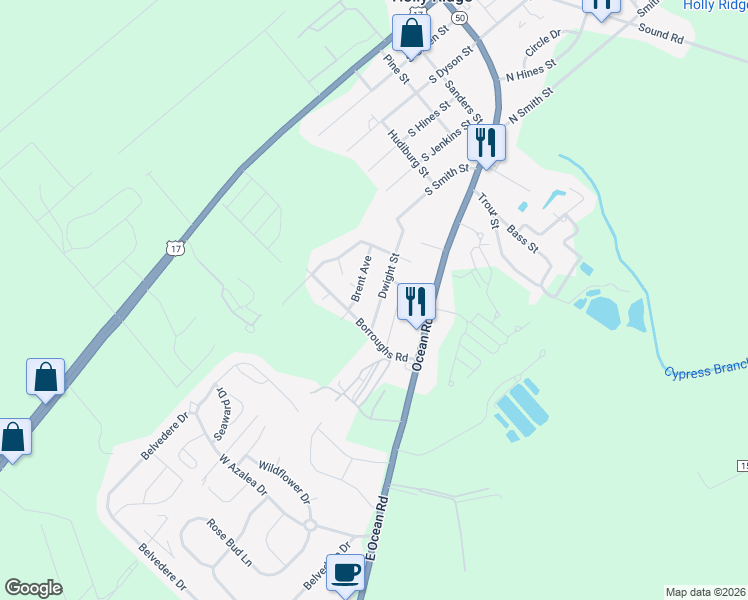 map of restaurants, bars, coffee shops, grocery stores, and more near 149 Dwight Road in Surf City