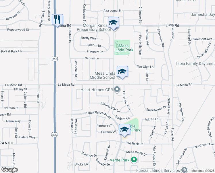 map of restaurants, bars, coffee shops, grocery stores, and more near 12890 Bootridge Lane in Victorville