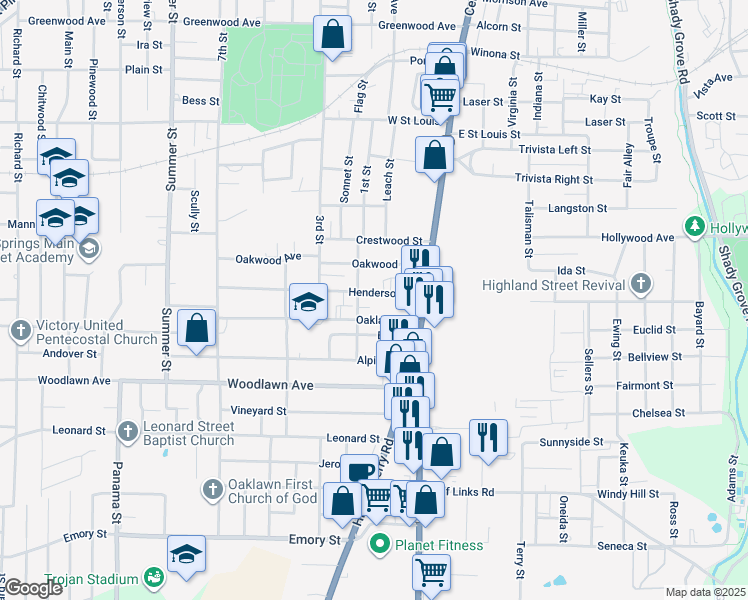 map of restaurants, bars, coffee shops, grocery stores, and more near 145 Henderson Street in Hot Springs