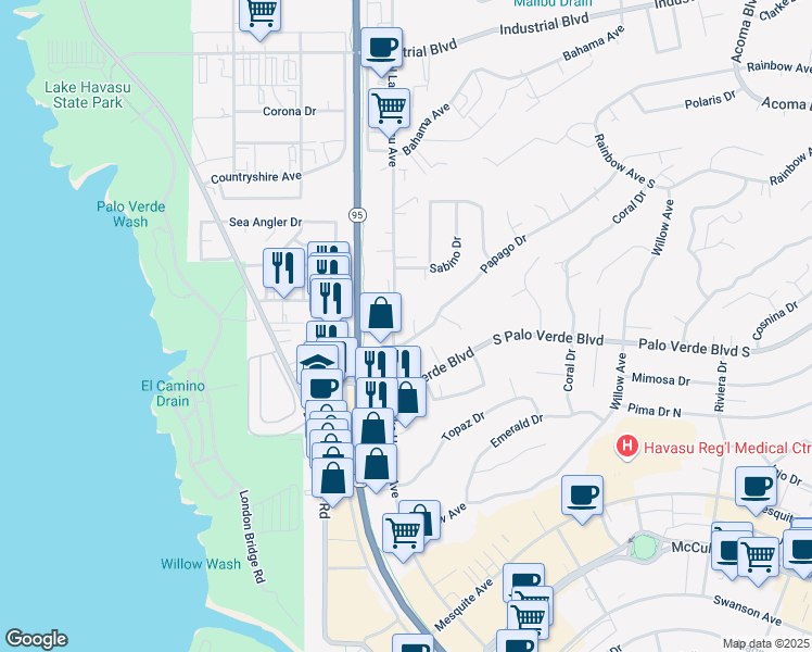 map of restaurants, bars, coffee shops, grocery stores, and more near 361 North Lake Havasu Avenue in Lake Havasu City