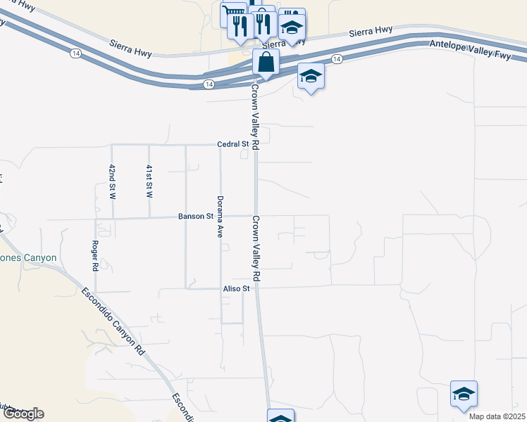 map of restaurants, bars, coffee shops, grocery stores, and more near 33025 Crown Valley Road in Acton