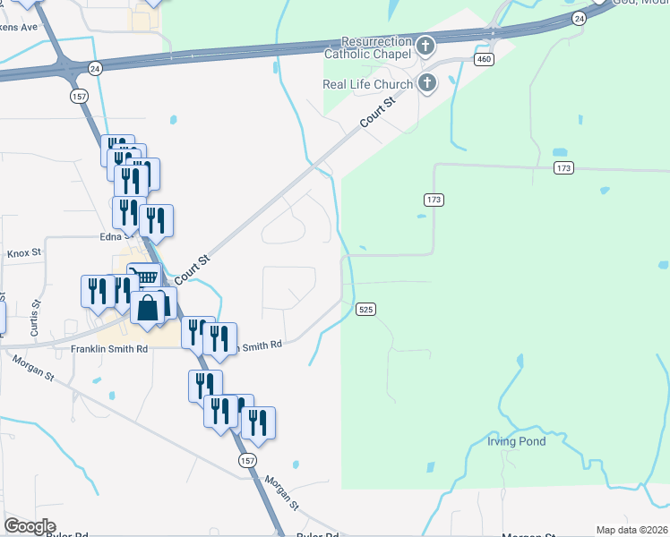 map of restaurants, bars, coffee shops, grocery stores, and more near 153 South Pointe in Moulton
