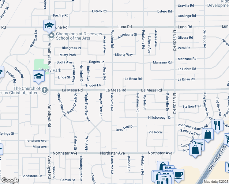 map of restaurants, bars, coffee shops, grocery stores, and more near 12895 Pacoima Road in Victorville