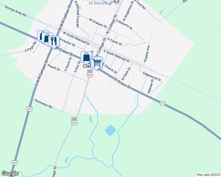 map of restaurants, bars, coffee shops, grocery stores, and more near 79 South Grove Street in Clarkton