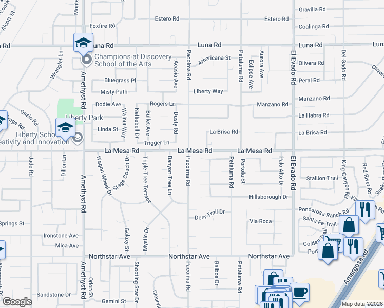 map of restaurants, bars, coffee shops, grocery stores, and more near 12895 Pacoima Road in Victorville