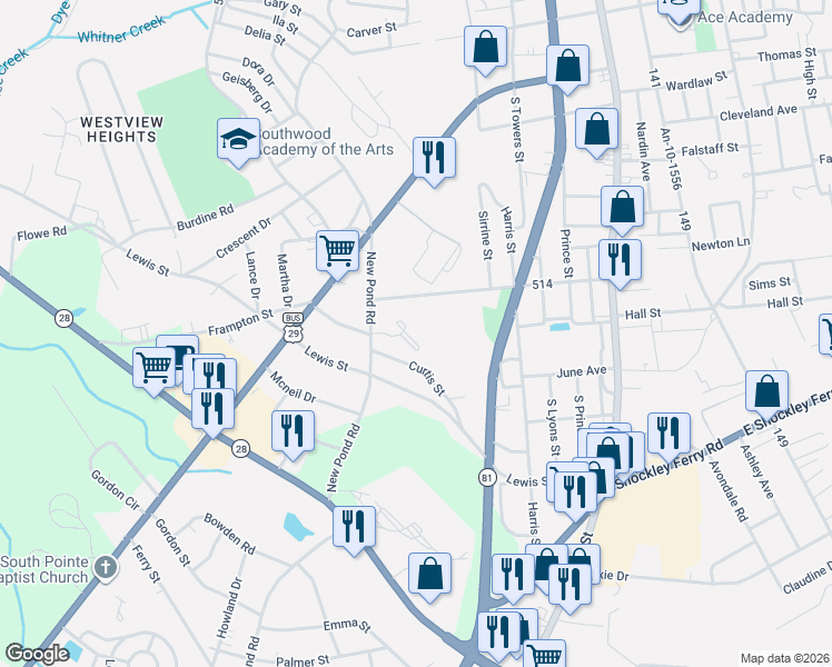 map of restaurants, bars, coffee shops, grocery stores, and more near 100 Duvall Way in Anderson