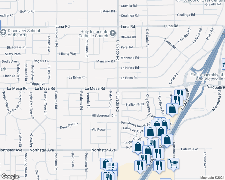 map of restaurants, bars, coffee shops, grocery stores, and more near 12895 Palo Alto Drive in Victorville