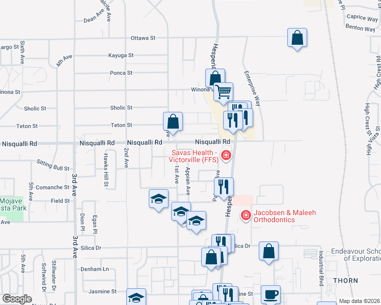 map of restaurants, bars, coffee shops, grocery stores, and more near 16952 Sorrento Lane in Victorville