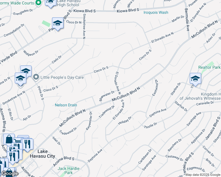 map of restaurants, bars, coffee shops, grocery stores, and more near 2979 Blue Water Lane in Lake Havasu City