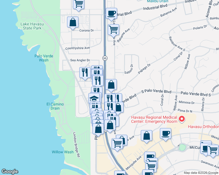 map of restaurants, bars, coffee shops, grocery stores, and more near 361 North Lake Havasu Avenue in Lake Havasu City