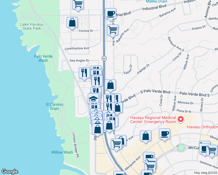 map of restaurants, bars, coffee shops, grocery stores, and more near 361 North Lake Havasu Avenue in Lake Havasu City