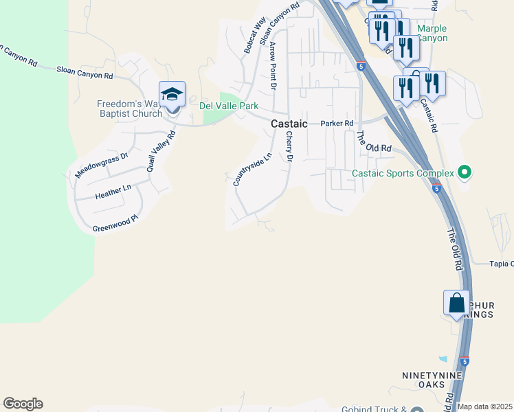 map of restaurants, bars, coffee shops, grocery stores, and more near 31167 Cherry Drive in Castaic