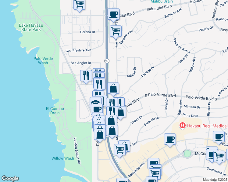map of restaurants, bars, coffee shops, grocery stores, and more near 361 North Lake Havasu Avenue in Lake Havasu City