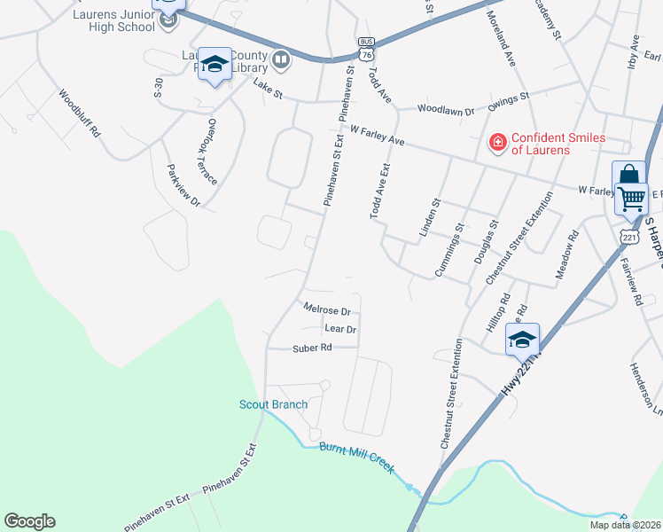 map of restaurants, bars, coffee shops, grocery stores, and more near 379 Pinehaven Street Extension in Laurens