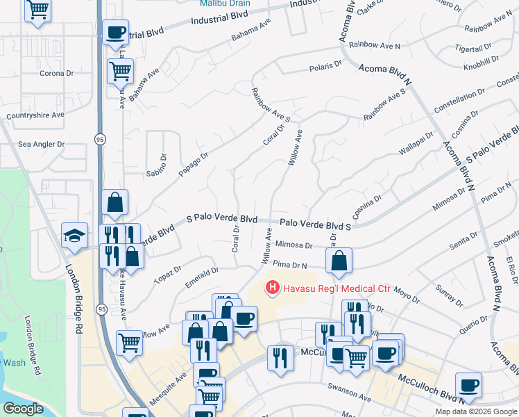 map of restaurants, bars, coffee shops, grocery stores, and more near 1883 Willow Ave in Lake Havasu City