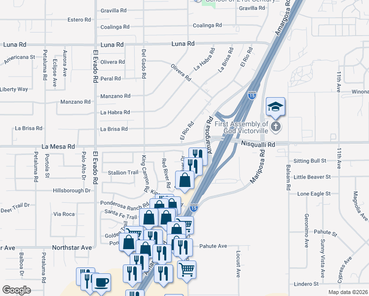 map of restaurants, bars, coffee shops, grocery stores, and more near 14852 Choke Cherry Drive in Victorville